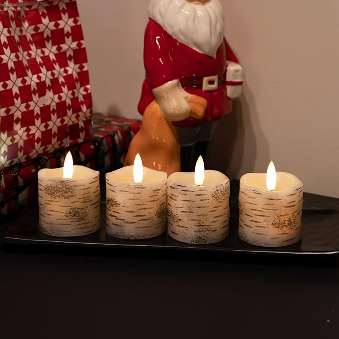 Rhytsing 2" White Birch Bark Flameless Votive Candles with Timer, Real Wax Led Faux Battery Operated Tealight Candles for Christmas and Weddings - Set of 4