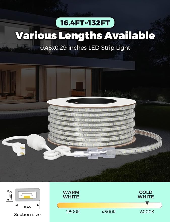 GZBtech AC 110-120V LED Strip Lighting 33FT/10M, 6000K Cool White IP65 Waterproof Outdoor Strip Lights, 60LEDs/M SMD2835 Cuttable & Connectable LED Rope Light for Indoor Outside Exterior, ETL Listed