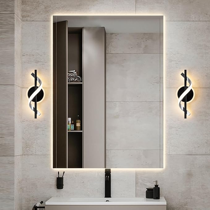 Black Wall Sconces Sets of 2, 12W Modern Spiral LED Wall Lamp, 3000K Warm White Wall Light Fixture for Stairs Living Room Bedroom Aisle Hallway