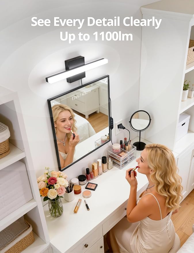 Combuh Black Plug in Vanity Light Bar Corded for Bathroom Lighting Fixture No Wiring, 16Inch 5 Colors Adjustable Dimmable Modern Bright Daylight Mirror Lamp for Wall Dressing Room Makeup(with Plug)