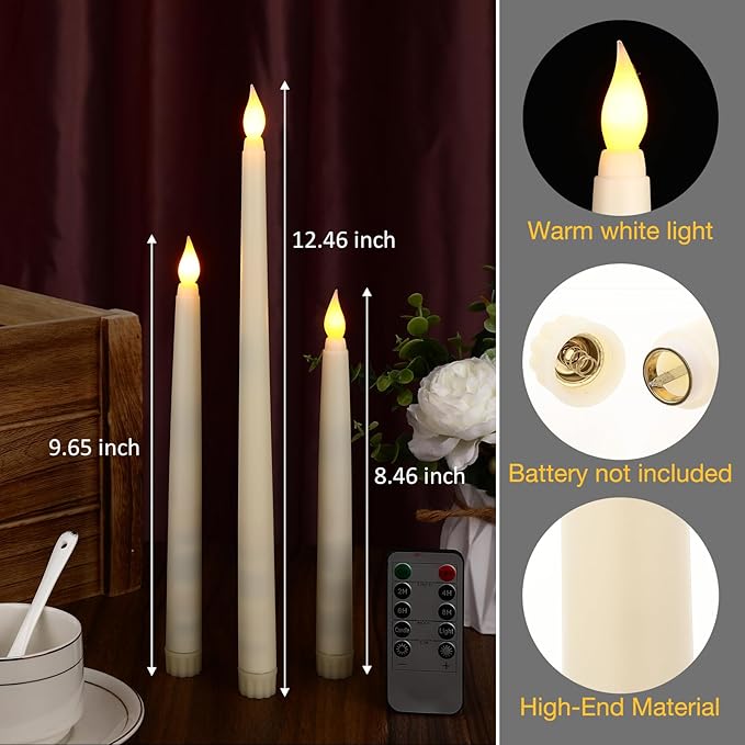 Tuanse 24 Pack 24 Pack Flameless Flicker Taper Candles Bulk with Remote and Timer, Battery Operated LED Warm White Taper Candles Light for Home Wedding Decoration Gifts (Beige,10 Inch)
