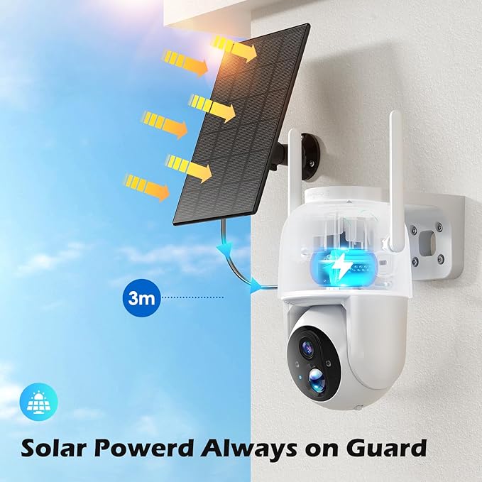 2Packs Solar Security Outdoor WiFi Camera, Pan Tilt 355° View IP65 Waterproof Rechargeable Wireless Battery Powered 2K 3MP PTZ Camera with PIR, Color Night Vision,2-Way Talk, 4dbi Antenna