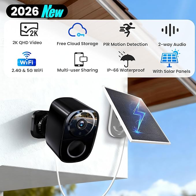 2026 Upgraded 2K Wireless Outdoor Security Cameras with Solar Panels, Free Cloud Storage, AI Motion Detection, Spotlight & Siren Alarm, 2-Way Talk, IP66 Waterproof