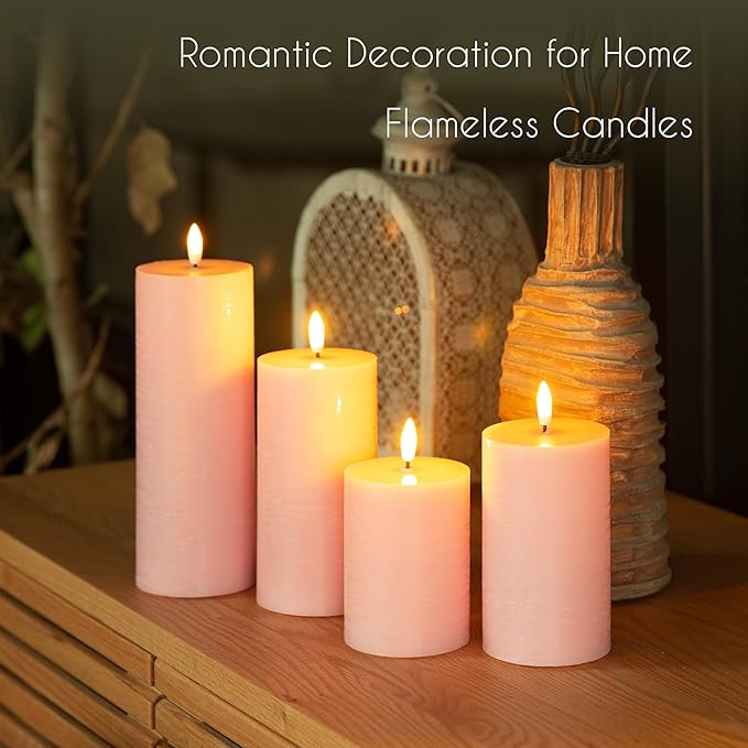 Flameless Candles, 4 Pack Battery Operated Candles with Remote, Real Wax LED Fake Candles with Timer Flickering for Christmas Wedding Home Party D3 H 5" 6" 7" 9" Pink