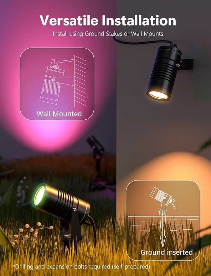 Smart Landscape Lights, APP Controlled RGBCW Color Changing Spot Lights, IP65 Waterproof 24V Low Voltage Outdoor Spotlights for Garden Yard Pathway Holiday Decor (No Adapter)