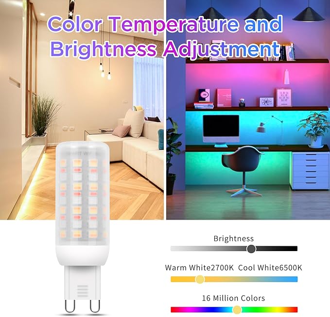 I-SHUNFA Wi-Fi RGBCW Smart G9 LED Bulbs,Compatible with Alexa/Google Home,Multicolour Dimmable,2700K-6500K,4W,400LM AC 120V,Brightness Adjustable 1%-100%,with Musical Rhythm LED Light Bulb,2 Pack