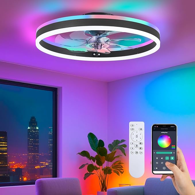 STERREN RGB Ceiling Fans with Lights, 15.7'' Modern Low Profile Ceiling Fan, Dimmable Flush Mount Ceiling Fan with Remote/APP Control, Small Fandelier for Bedroom, Living Room, Kitchen