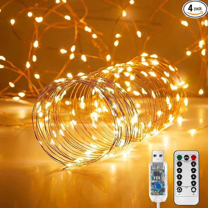 4 Pack 32. 8 ft. USB Powered Fairy Lights with Remote & Timer, 100 LED USB Twinkle String Lights - Silver Wire, 8 Modes, Waterproof, Warm White Starry Lights for Party, Wedding, Christmas