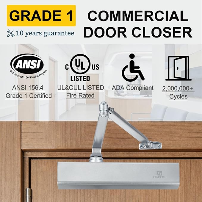 Grade 1 Commercial Door Closer, Heavy Duty Hydraulic Automatic Closer, Cast Aluminum, Self-Closing, Adjustable Size 1-6, UL Listed, ADA Compliant, 3 Mount Types, DC-7