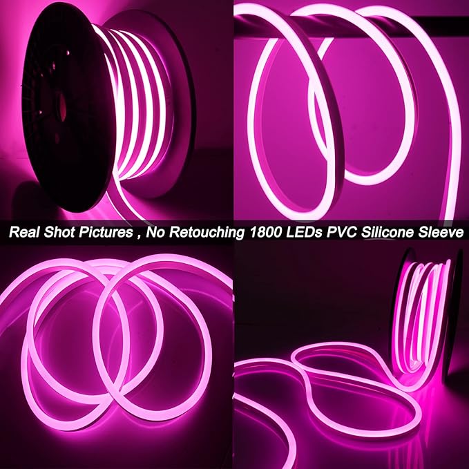 SURNIE 50ft Pink LED Neon Lights, IP65 Waterproof LED Light Strip Flexible Cuttable AC 110V LED Rope Lights DIY, Indoor Outdoor for Residential, Commercial Building Decoration