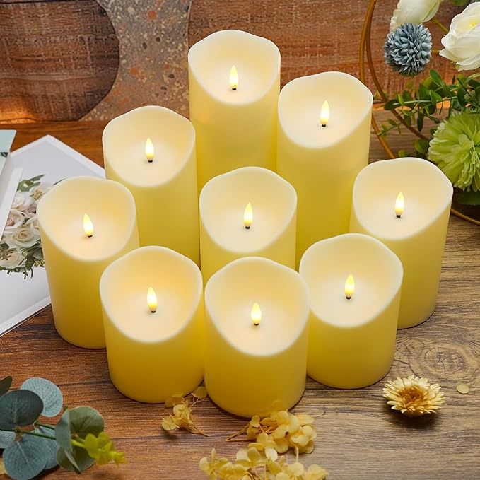 Flameless Candles with Remote, Battery Operated Flickering Flameless Candles, LED Candles with Timer 2/4/6/8H, with Realistic LED Candles Set of 9 (D3 x H 3" 4" 5" 6" 7") (Ivory)