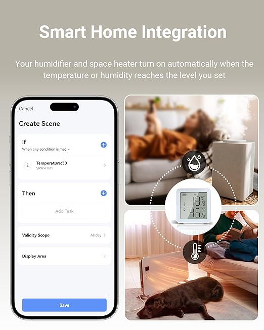 Smart WiFi Thermometer Hygrometer, Indoor Temp Humidity Monitor with Large LCD, No Gateway, Direct Phone Alerts, Free Data Storage, Ultra-Low Power, Tuya App Compatible for Home Garage Greenhouse