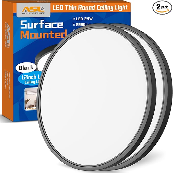 Allsmartlife Flush Mount Ceiling Light 2 Pack, Dimmable CCT 3000K/4000K/6500K Round Led Ceiling Light, 12 inch 24W Laundry Room Light Fixtures for Bedroom, Bathroom