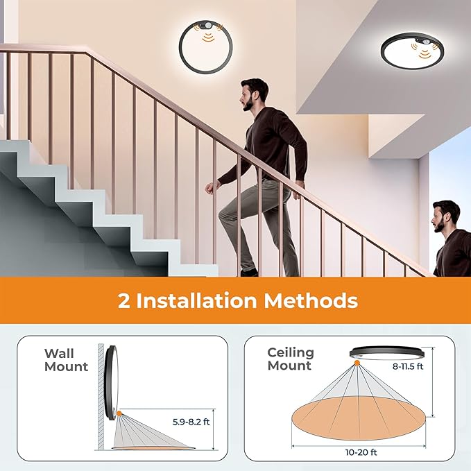 BLNAN Motion Sensor Ceiling Light Wired, 12 Inch 3000K 4000K 5000K Selectable LED Flush Mount Light Fixture, Motion Activated Light with Timer for Hallway Stair Walk-in Closet, Black Frame