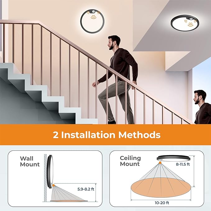 BLNAN Motion Sensor Ceiling Light Wired, 8.7 Inch 3000K 4000K 5000K Selectable Motion Activated LED Flush Mount Light Fixture with Timer for Walk-in Closet Laundry Hallway Stair, Black Frame
