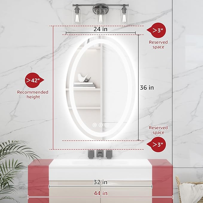 24"x36" Oval LED Mirror for Bathroom,Lighted Bathroom Vanity Mirror with Lights - Anti-Fog,Front Light and Backlit, Dimmable, 3 Colors,Mirror with Touch Sensor,Espejos para Baños