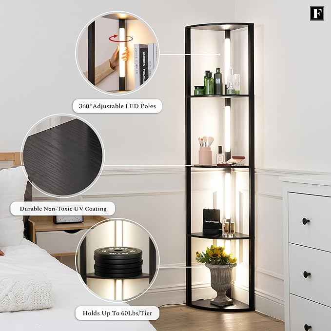 FENLO Dimmable LED Corner Floor Lamp with Shelves, Corner Shelf Floor Lamps for Living Room, LED Corner Display Shelf with Lights and Adjustable Color Temps, App/Remote Control - Fancy Edge Pro