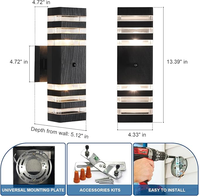 2PK Dusk to Dawn Sensor Outdoor Wall Lights Up Down Porch Lights Modern Exterior Light Fixtures Photocell Waterproof Black Aluminum Housing for Front Porch, Patio, Garage (Use Two E26 Bulbs)