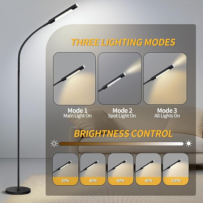 Floor Lamp with Remote, 67" Gooseneck Dimmable Standing Lamp, 3 Color Temperatures & 5 Brightness Levels, Modern Reading LED Light for Bedroom, Living Room, Office - Black