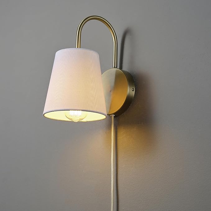 Globe Electric 65000053 1-Light Hardwire or Plug-in Wall Sconce, Matte Brass, White Textured Shade, Arched Arm, Lighting, Home Decor, Lights for Bedroom Plug in