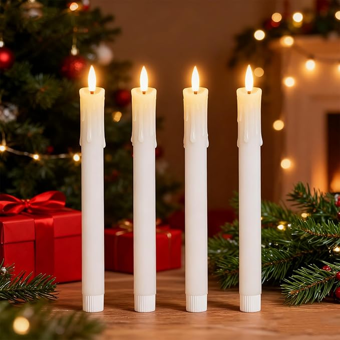 Rechargeable Flameless Taper Candles with Charging Station & Remote Timer, 6 Pcs Real Wax LED Taper Candles, Battery Operated Candlesticks for Home Wedding Christmas Decorations (White)