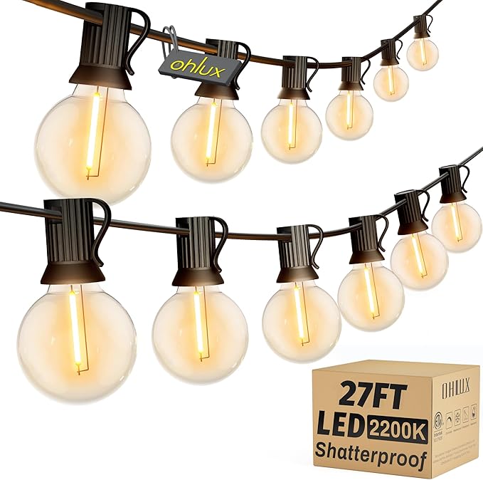 OHLUX Outdoor String Lights, 27FT LED Patio Lights with 17 Dimmable Plastic G40 Globe Bulbs(2 Spares), 2200K Waterproof Connectable Hanging Lights for Backyard Porch Cafe Party Decor E12 Socket Base