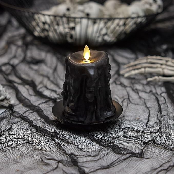 Luminara Heavy Wax Drip Flameless LED Candle, Black 3.4" x 4.5", Timer Function, Real Wax Pillar, Battery Operated Unscented Safe, Long-Lasting