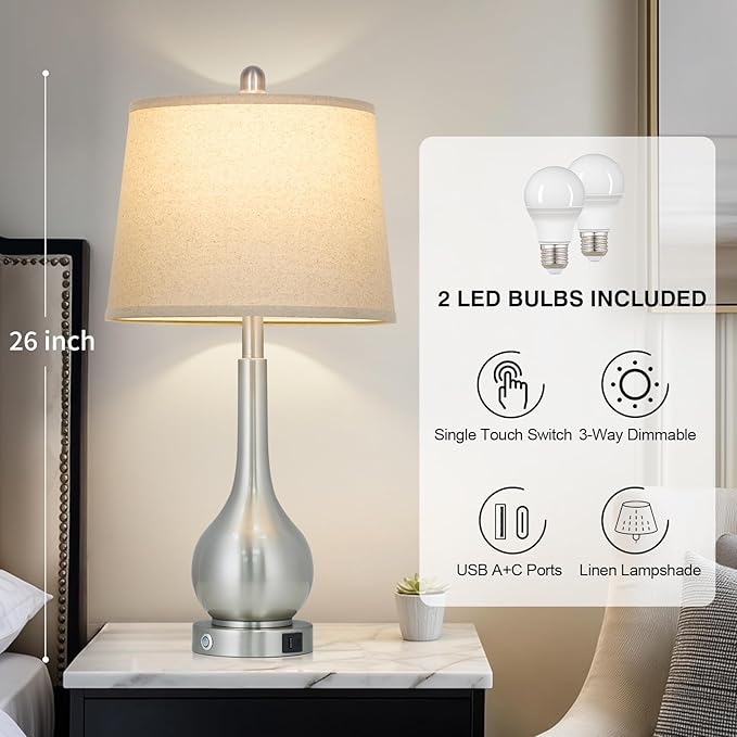 26" Silver Metal Table Lamps Set of 2 for Bedrooms, Touch Control Bedside Lamps for Nightstand with Charging Port, 3-Way Dimmable End Table Lamp for Living Room (2 LED Bulbs Included)