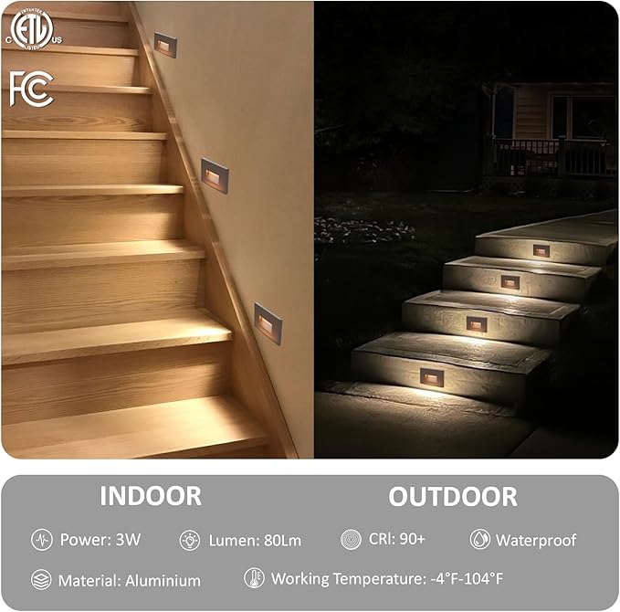 Stairway Lights Indoor, 120V 3.5W LED Dimmable Stair Lights Indoor Outdoor for Step Stair, 3000K/4000K/5000K, IP65 Waterproof, Aluminum, ETL, Bronze, Pack of 1 (D Style Bronze, 1)