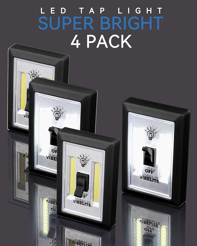 LED Night Light Switch, 12 Total Batteries Included, 200 Lumen Wireless COB LED Switch Light, Under Cabinet, Shelf, Closet, Garage, Kitchen, Stairwell and Emergency, Battery Operated, 4 Pack Black