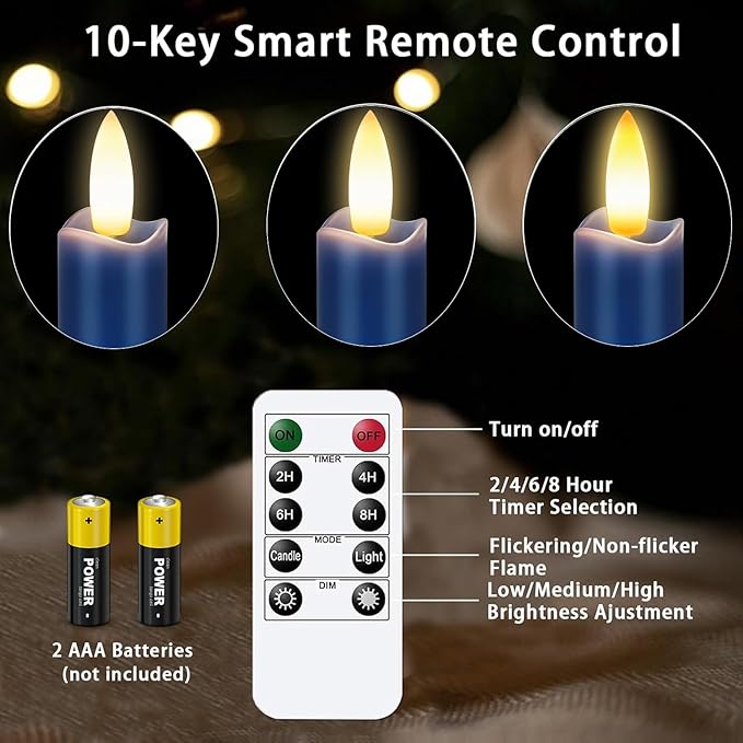 KSWING Upgraded Real Wax LED Flameless Navy Blue Taper Candles with Remote, 6 PCS Candlesticks Battery Operated 3D Flickering - 9.6" Long Realistic Fake Candle Sticks for Home/Wedding/Xmas Deco