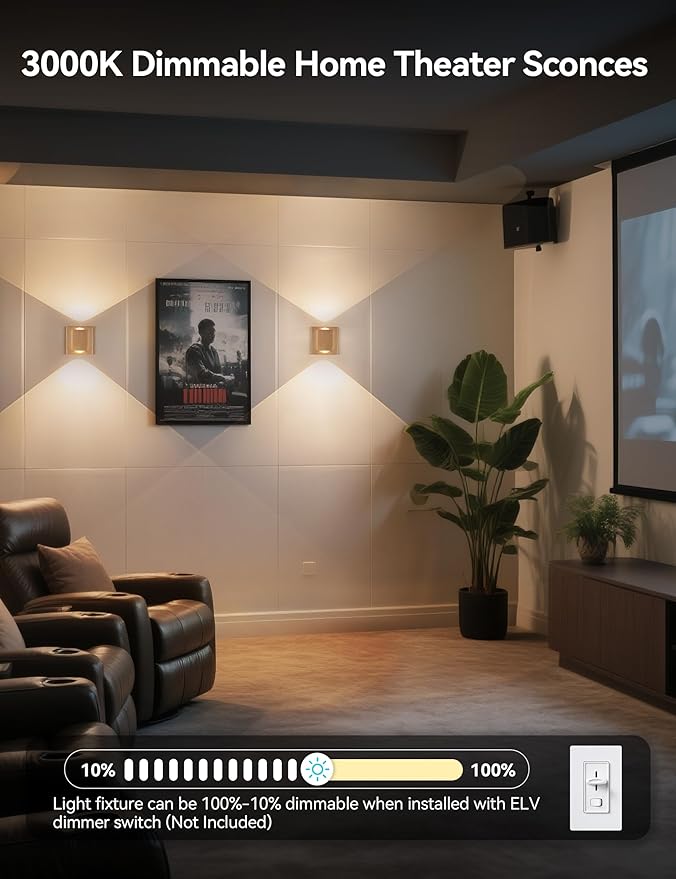 Tubicen Wall Sconce Up Down Indoor Dimmable Home Theater Sconces Lighting Square Hardwired 10W Bright Modern Up and Down Wall Lights for Living Room Hallway Stairway Gold