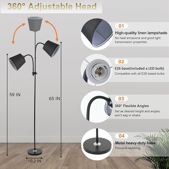 AoMck Floor Lamp, Industrial Metal Floor Lamps for Living Room with Adjustable Bendable 2 in 1 Reading Table Lamps for Living Room Bedroom Office (B2+Black)