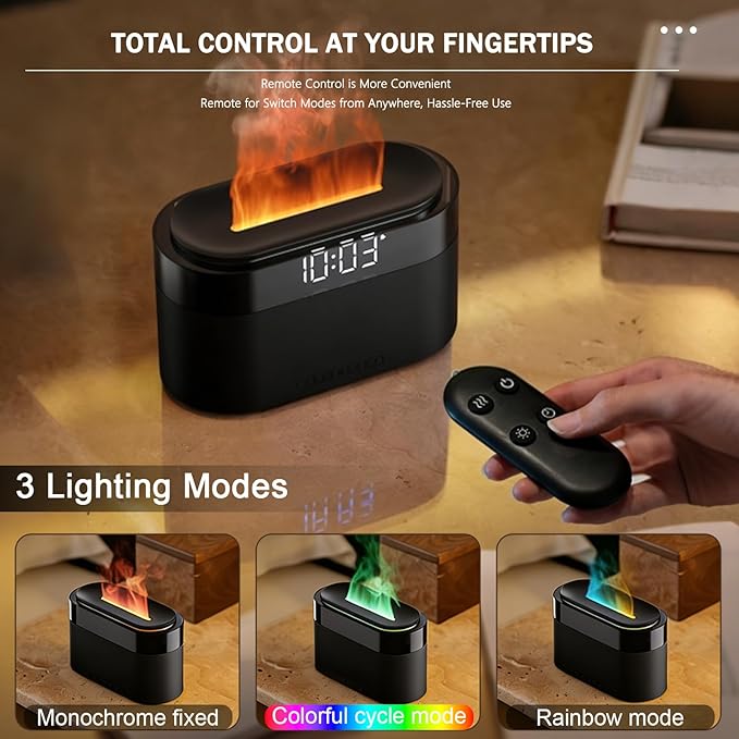 Aroma Diffuser with Flames & Digital Clock, 7 Colors Light Effect Fragrance Oil Diffuser, 150ml Humidifier with Remote Control, Clock Function, Timer, Waterless Auto-Off (Black)