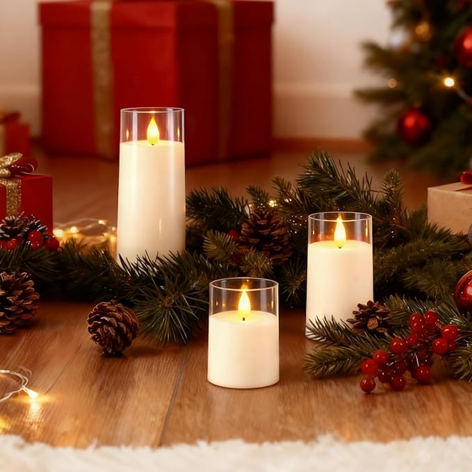 Raycare Flameless Candles Battery Operated with Remote Timer, Acrylic Flickering LED Pillar Candle for Valentine's Day Decoration, Home Decor, Gift for Family and Friend, White, Set of3