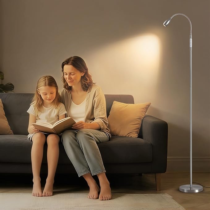 Reading Floor Lamp, Dimmable LED Floor Lamp with Remote, Standing Lamp with Flexible Gooseneck, Zoomable Spotlight, Reading Light, Task Crafting Tall Lamps for Living Room Office Bedroom(Nickel)