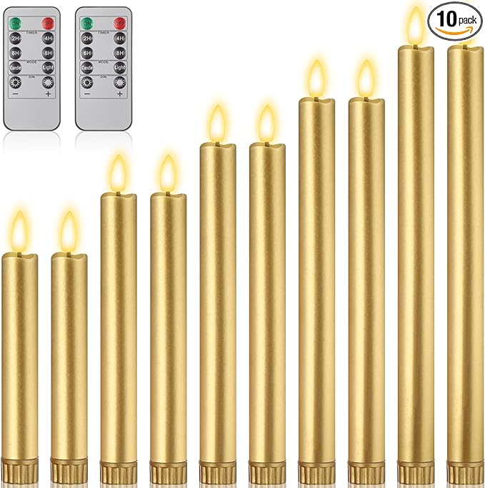 10 Pcs Flameless Taper Candles with Remote Battery Operated Taper Candles Include 6.5'' 7.7" 8.9" 10" 11.2" Fake LED Electric Candle Sticks for Valentine's Day Home Wedding Decor (Gold)
