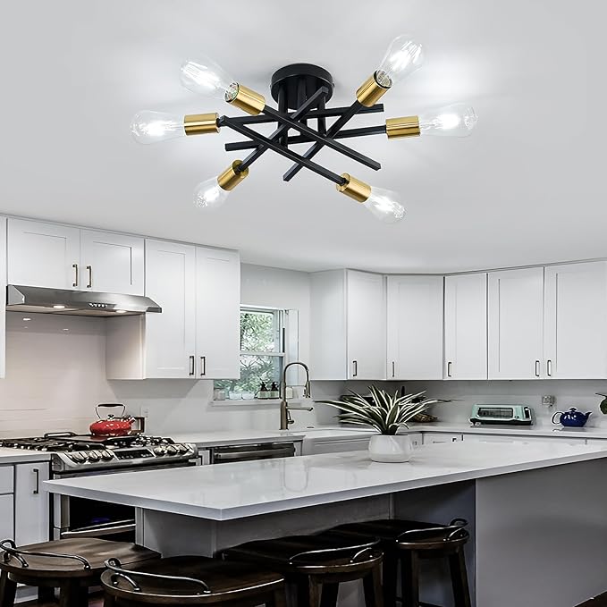 ASGYISA 6-Lights Sputnik Semi Flush Mount Ceiling Light Fixture Modern Metal Black and Gold Chandeliers with E26 Bulb Base Close to Ceiling Light for Kitchen Dining Room Living Room Hallway Bedroom