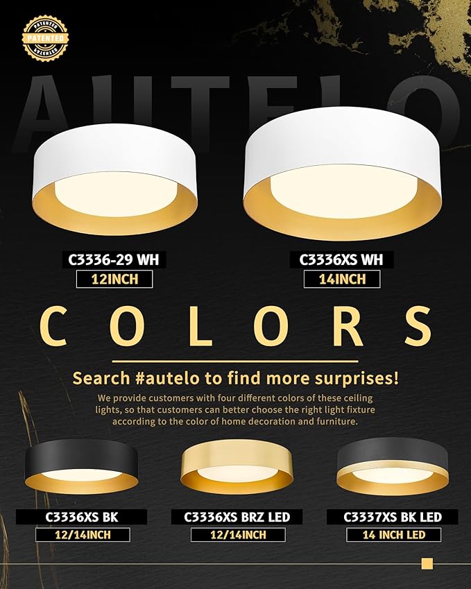 AUTELO 12" Flush Mount Ceiling Light, 5CCT LED Light Fixtures Ceiling Mount, Modern Ceiling Light with Frosted Glass in White Metal Finish for Bedroom Hallway, C3336-29 WH LED