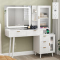 White Vanity Desk with Mirror and Lights, 49" Fluted Wood Makeup Vanity Table with Modern Glass Top, Charging Station, 5 Drawers, 2 Cabinet with Adjustable Shelves, Salon Station