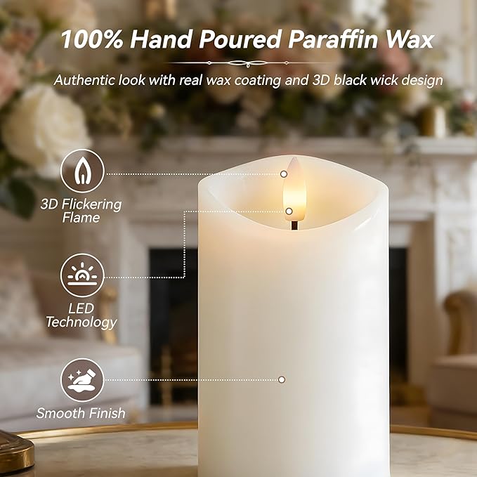 Rechargeable Flickering Flameless Candles Melted Edge Battery Operated with Remote and Timer, Real Wax LED USB Type-C Pillar Candles, Set of 3 (3" x 4",5",6"), White,Spring Home Decor