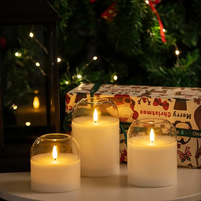 White Glass Flameless Candles Set of 3 (Φ 4" H 4" 5" 6") with Remote Battery Operated Flickering LED Pillar Candles Real Wax 3D Wick