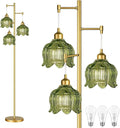 Vintage Floor Lamps for Living Room Bedroom-3 Light Gold Floor Lamp with Glass Lampshape, Flower Green Tall Lamp Mid Century Modern Standing Lamp Tree Floor Lamp for Bedroom Living Room Corner