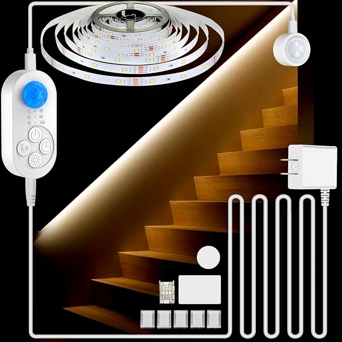 Dual Sensor Stair Light Strip, Double Motion Activated Sensor LED Strip Light for Stairway (Power Adapter (16.4FT Cable), Warm White 3000K (32.8FT White Light Strip))