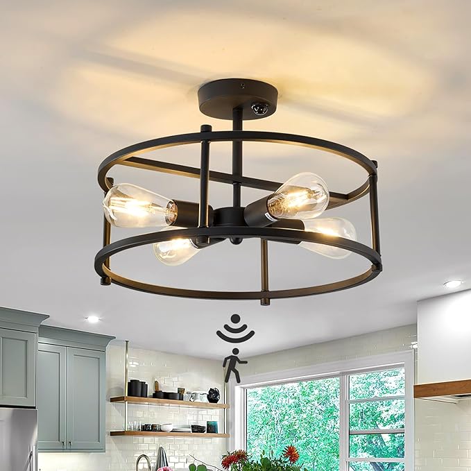 Motion Sensor Ceiling Light Indoor Industrial 4 Light Semi Flush Mout Ceiling Light Fixture Black Overhead Light for Entryway Hallway Closet Porch Front Farmhouse