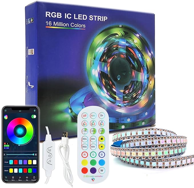 WS2812B LED Strip Individually Addressable Light 144Pixels/m SMD 5050 RGB Pixel Strip DC5V, 3.2FT 144LED IP30, White PCB LED Strip with WS2812B Controller (USB)