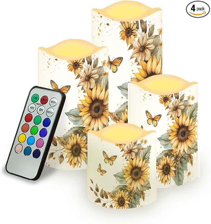 Sunflower Moon Flameless Candles Bulk Timer Battery Operated Candles with Remote Color Changing Electric Pillar Led Candles Room Home Dining Table Decorations Tea Light