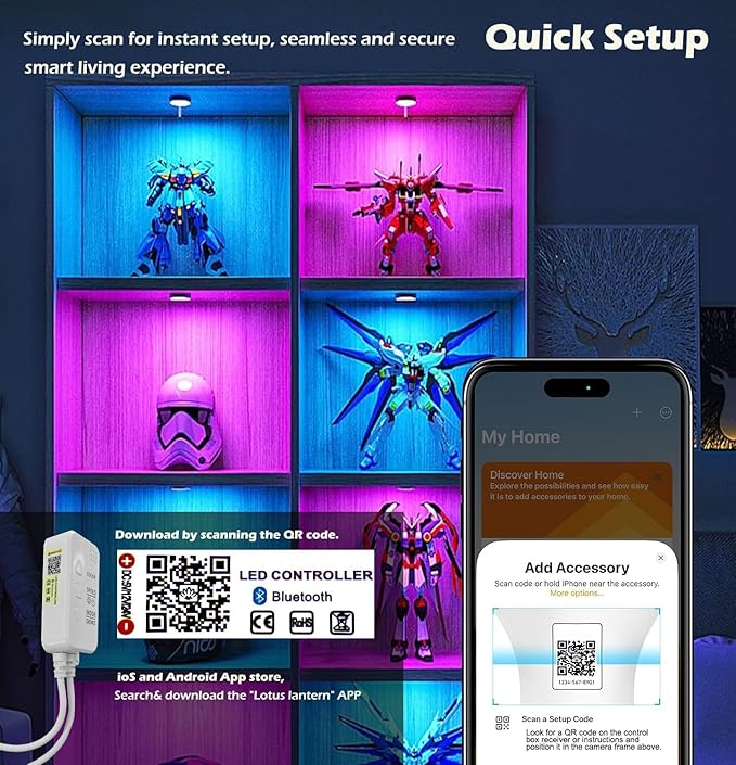 Cefrank Color Cabinet Lighting, 4pcs 12" Linkable RGB LED Light Bar Kit for Display Cabinet, Smart App & Remote Control, Music Sync, Scene Modes, Multi-Colors