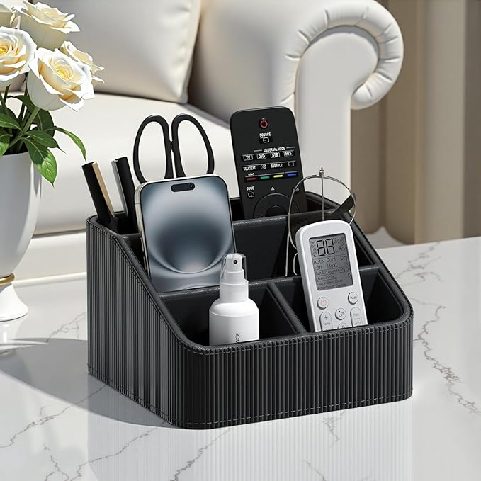 PU Leather Remote Control Holder with 4 Compartments, Small Desk Organizer Office Supply Bedside Caddy, All-in-One Small Bedside Remote Holder Nightstand Desktop Organizer