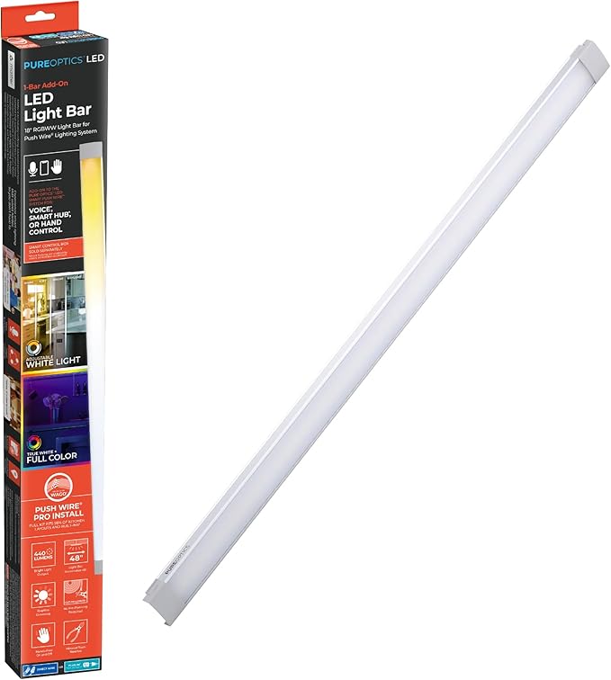 PureOptics LED Professional Push Wire® Under Cabinet Light Bar, Add-on, Plug-in or Hardwire Compatible, Adjustable White and RGB LED, for Kitchen, Utility Light, Closets, Garage, Pantry, (1) 18" Bar